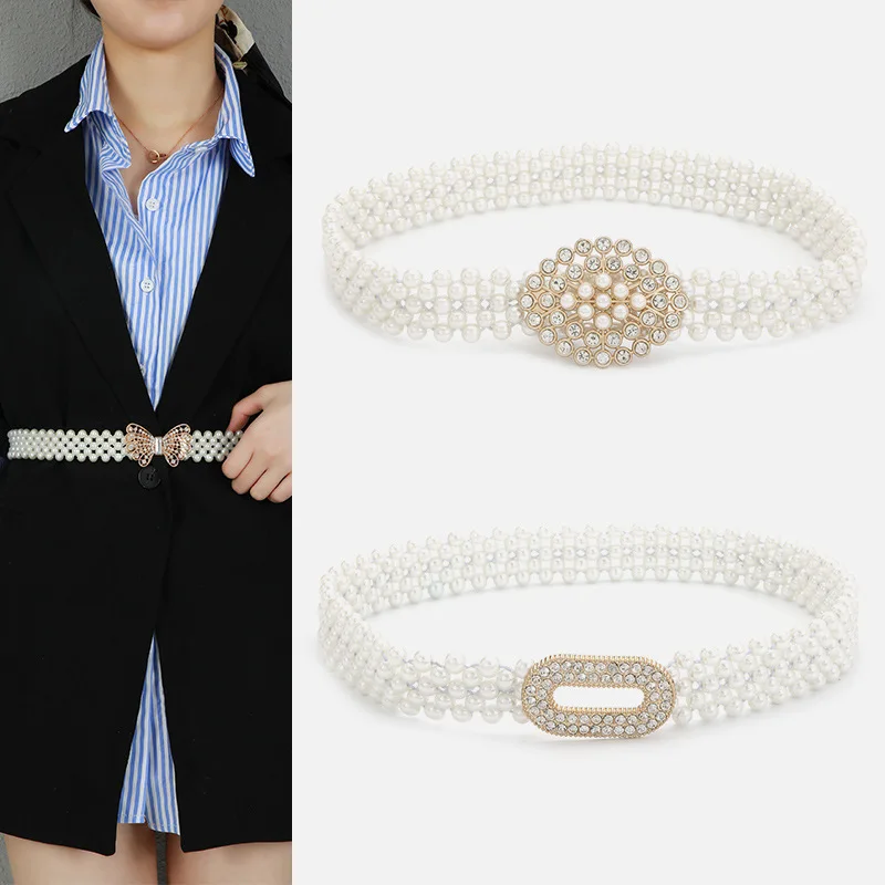 

Large Imitation Pearl Waist Chain Women's Elastic Belt with Diamond Decoration Fashion Girdle Skirt Dress Clothing Decoration