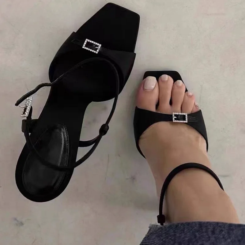 

Casual Sexy Peep Toe Slender Heel High Heeled Sandals Female 2023new Fashion Casual Simple Square Toe Black Sandals Summertime