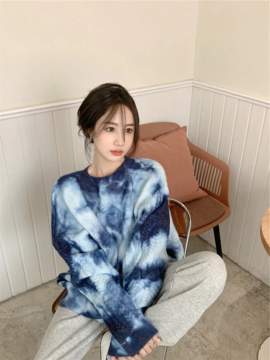 Пуловер в стиле ретро с гонконгским вкусом свитер принтом тай-дай женский