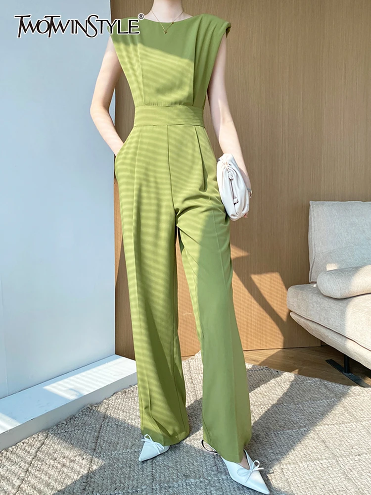 

TWOTWINSTYLE Green Casual Jumpsuit For Female Round Neck Sleeveless Gathered Waist Loose Long Women's Jumpsuits Fashion Clothing