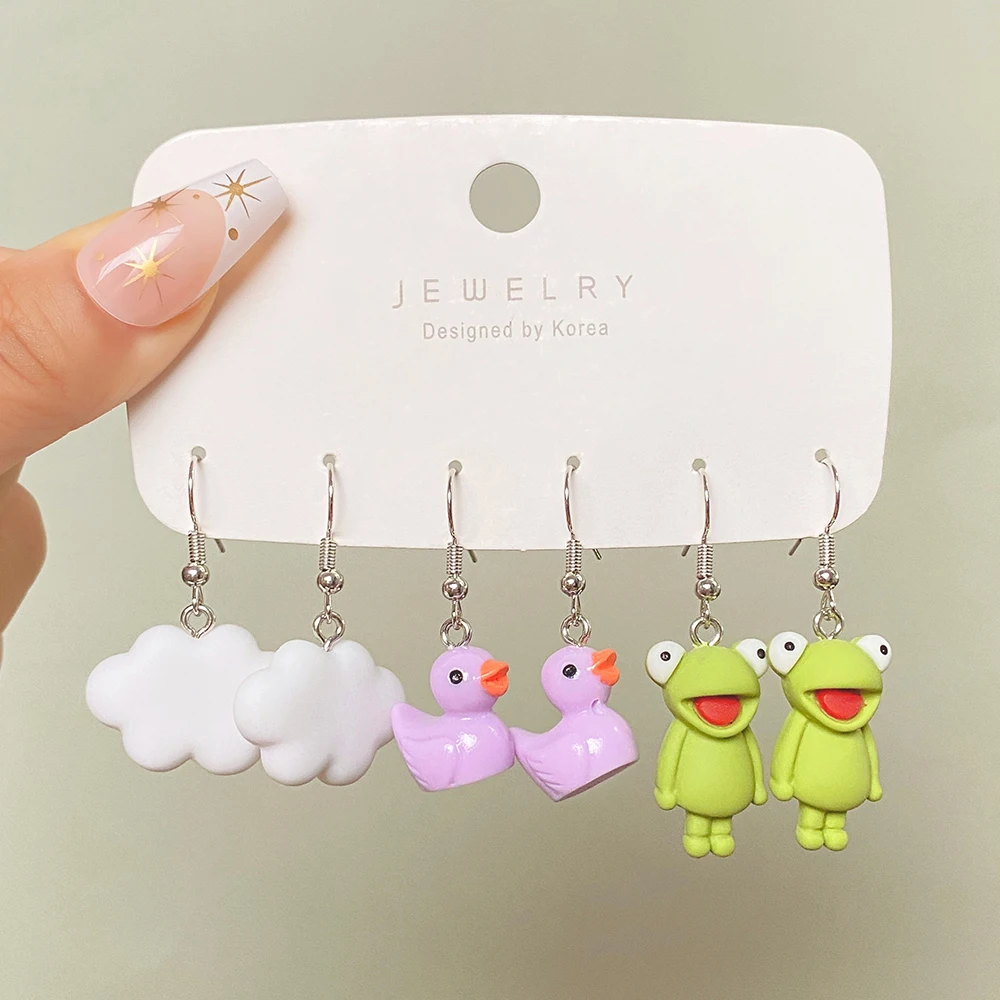 5 Set Trendy Animal Frog Duck Dangle Earring Clouds Gummy Bear Drop Earring Geometric Exaggerated Woman Girl Kids Punk Jewelry images - 6