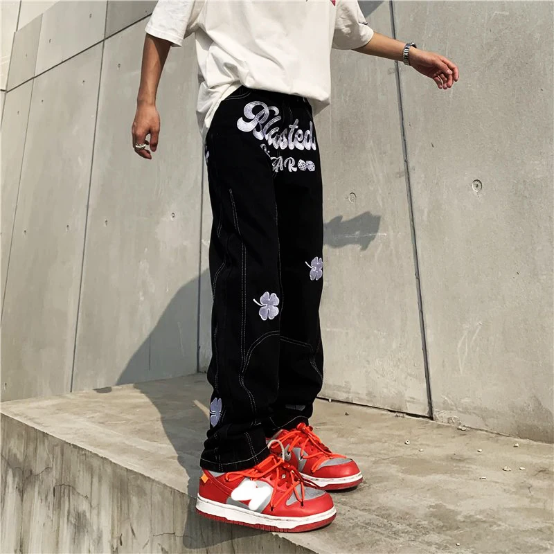 Men's Y2K Clothes New Fashion Letter Embroidery Baggy Men Jeans Straight Casual Black Denim Trousers Pants For Men Streetwear
