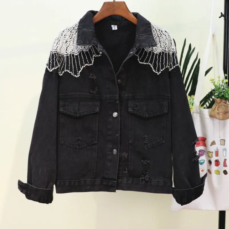 2022 Black Denim Jacket Autumn Personality Back Luxurious Female Coat Beading Loose Streetwear Oversize Casual Short Jean Jacket