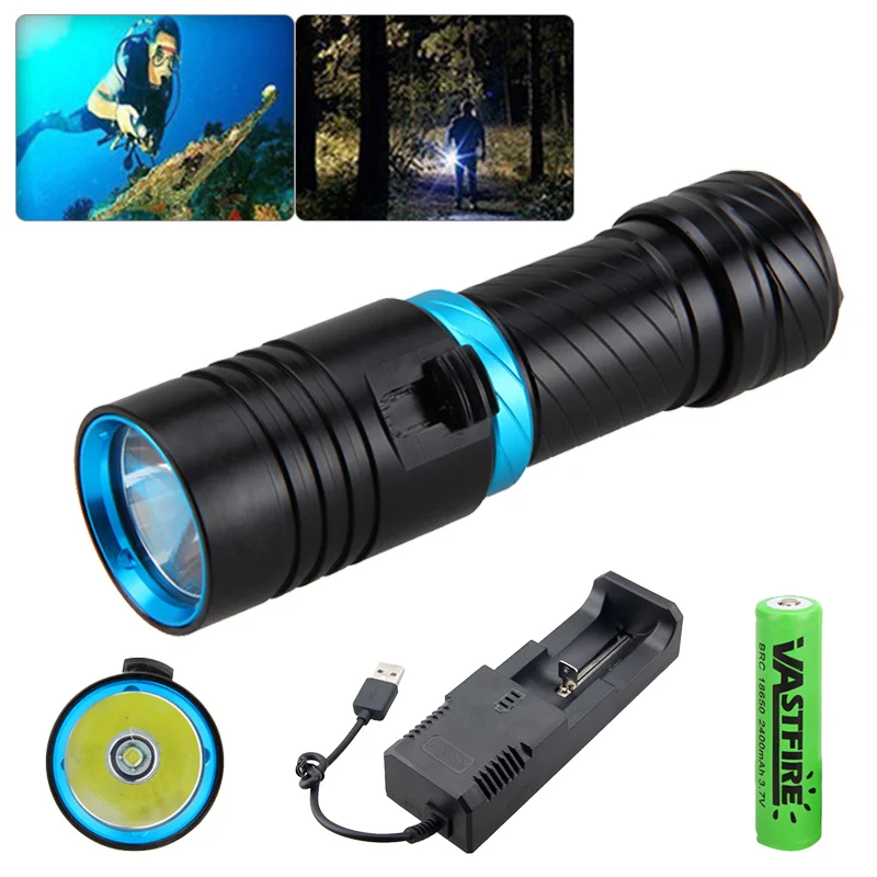 Super bright Diving Flashlight IP68 waterproof rating Powered by 18650 battery 26650 single charge Professional diving light