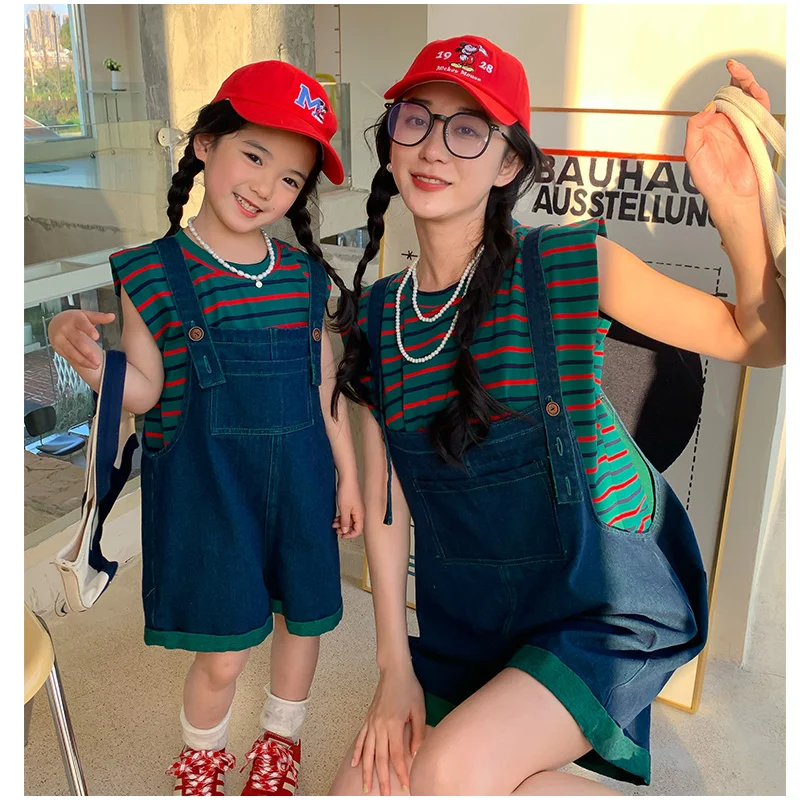 

Mum Daughter Outfits Casual Striped Vest Blue Bib Pants Two-piece Summer 2023 Toddlers Girls Set Mommy and Me Clothes 4 6 8 10 Y