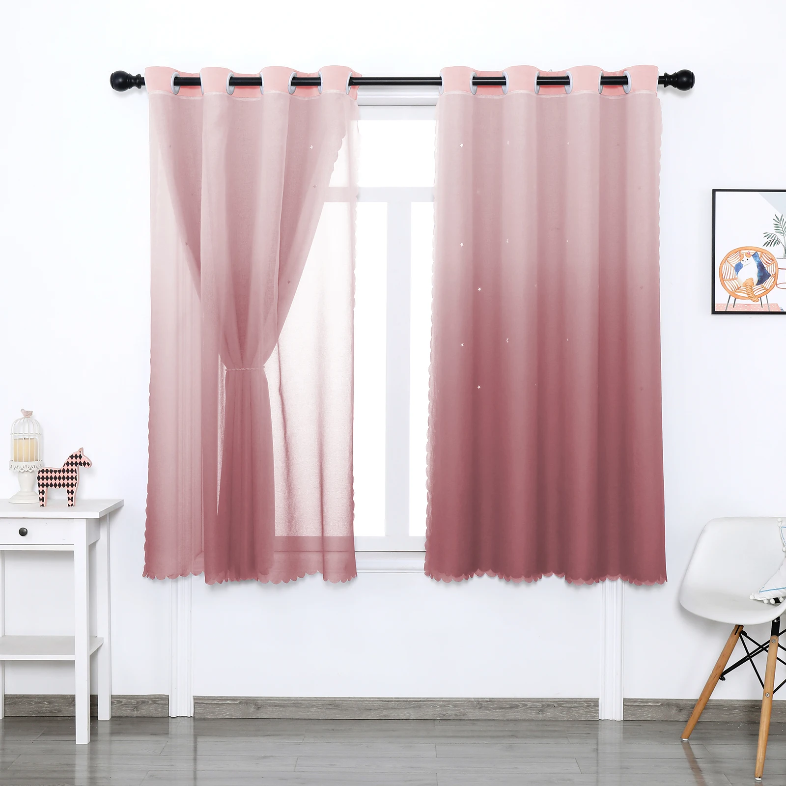 

Laser Embroidery Curtain For Living Room Gradient Blackout Fabric And Sheer