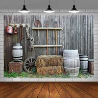 Western Old Barn Photography Backdrop Barrel Hay Bale Background For Countryside Farmhouse Fork Pitchfork Wagon Wheel Rustic
