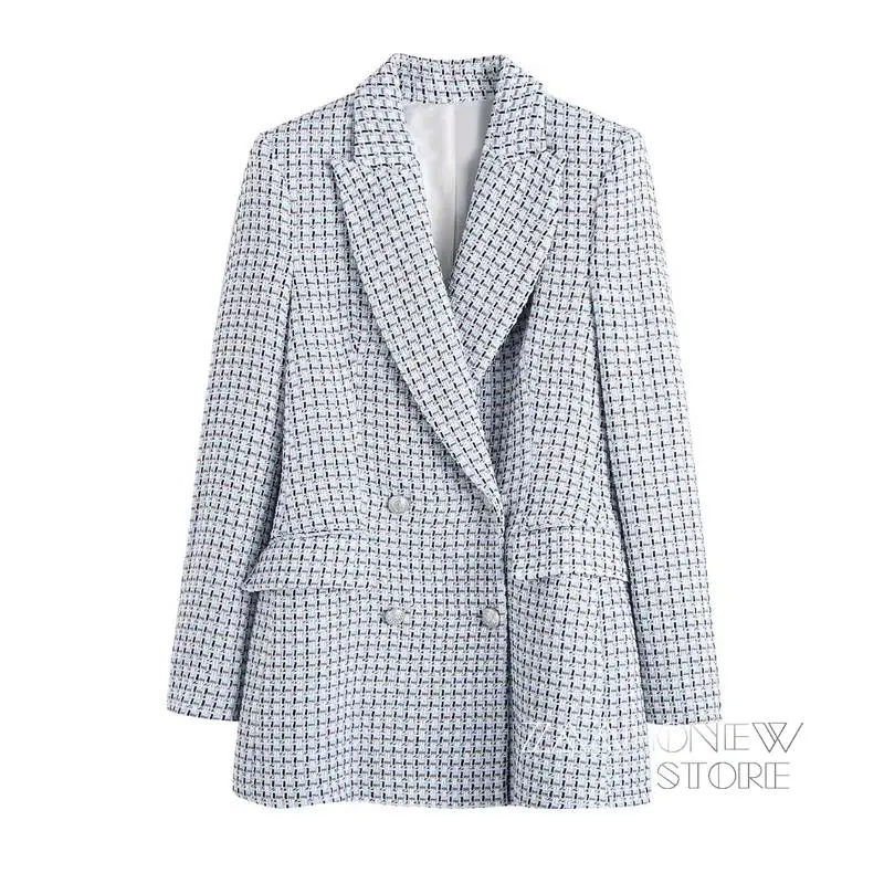 

ZAAHONEW 2022 Spring Women Tweed Double Breasted Blazer Coat Female Vintage Long Sleeve Elegant Outerwear