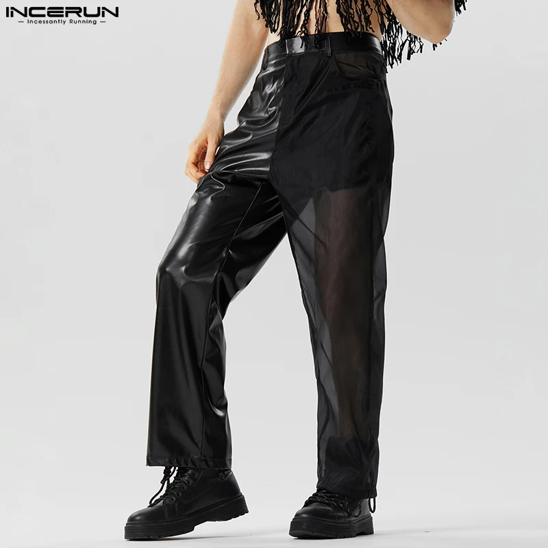 

INCERUN Men Pants PU Leather Mesh Patchwork Streetwear Zipper Transparent Straight Trousers Men 2023 Sexy Fashion Pantalon S-5XL