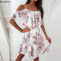 woman summer floral print dress sexy spaghetti strap mini dresses fashion off shoulder boho beach dress femme robe vestidos 2022