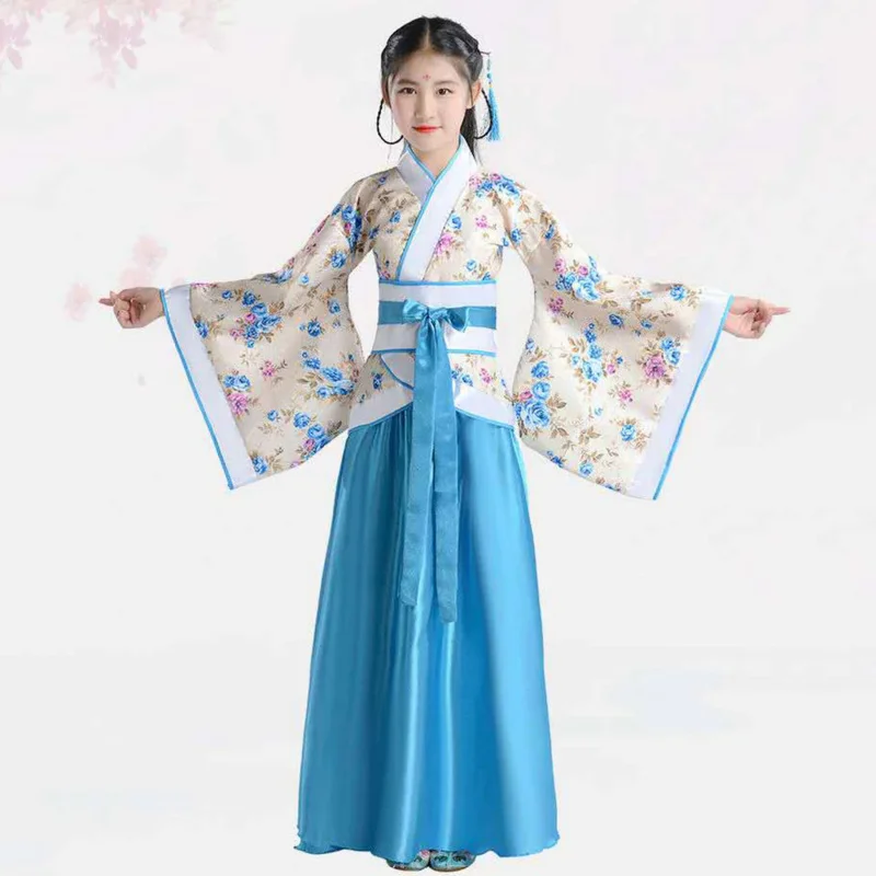 

Girl Embroidery Traditional Chinese Skirt Kimono Top Blue Lavender Pink Red Children Hanfu Chineses Elegent Hanfu Dress Kids