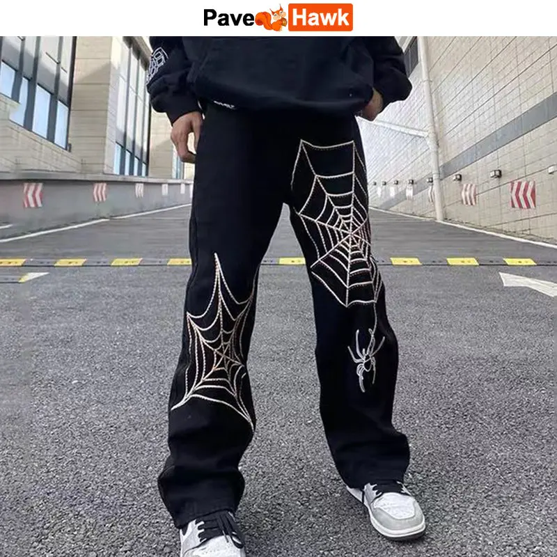 

Spider Web Embroidery Jeans Pant Unisex Straight Casual Vibe Style Loose Denim Trouser Autumn Winter Streetwear Black Pants New