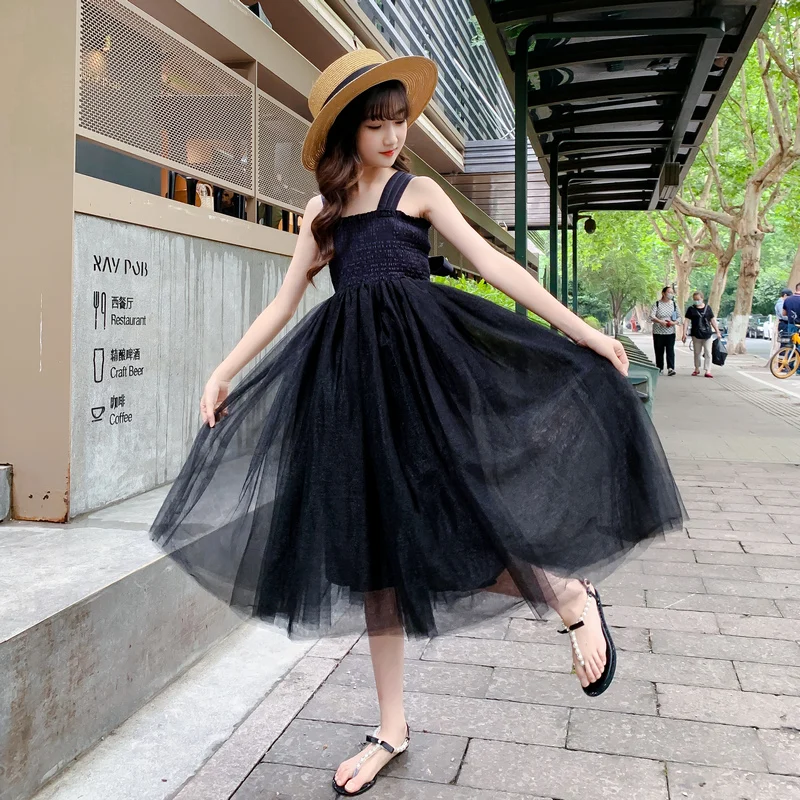 

Black thin girls dress suspenders breathable princess skirt 2022 new holiday gift seaside holiday children's long skirt cheap