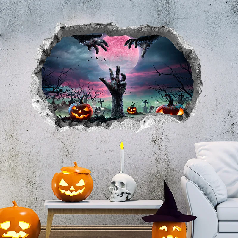 

Broken Wall Scary Pumpkin Palm Halloween Wall Stickers for Bedroom Living Room Party Decorative Stickers