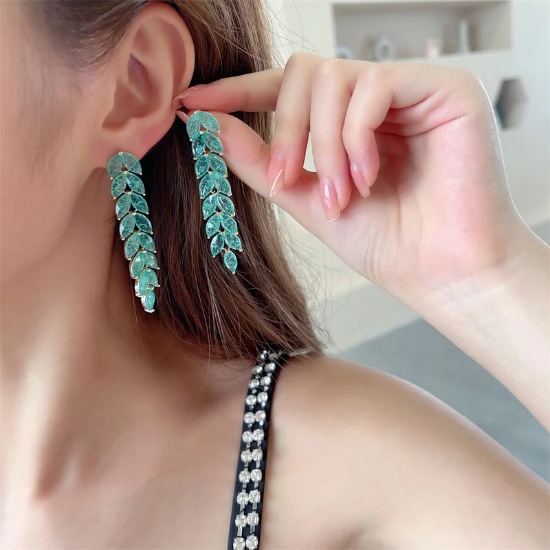 

European and American atmosphere dinner Earrings long leaves tassel S925 silver needle Color Purple gradient zircon ear Earrings