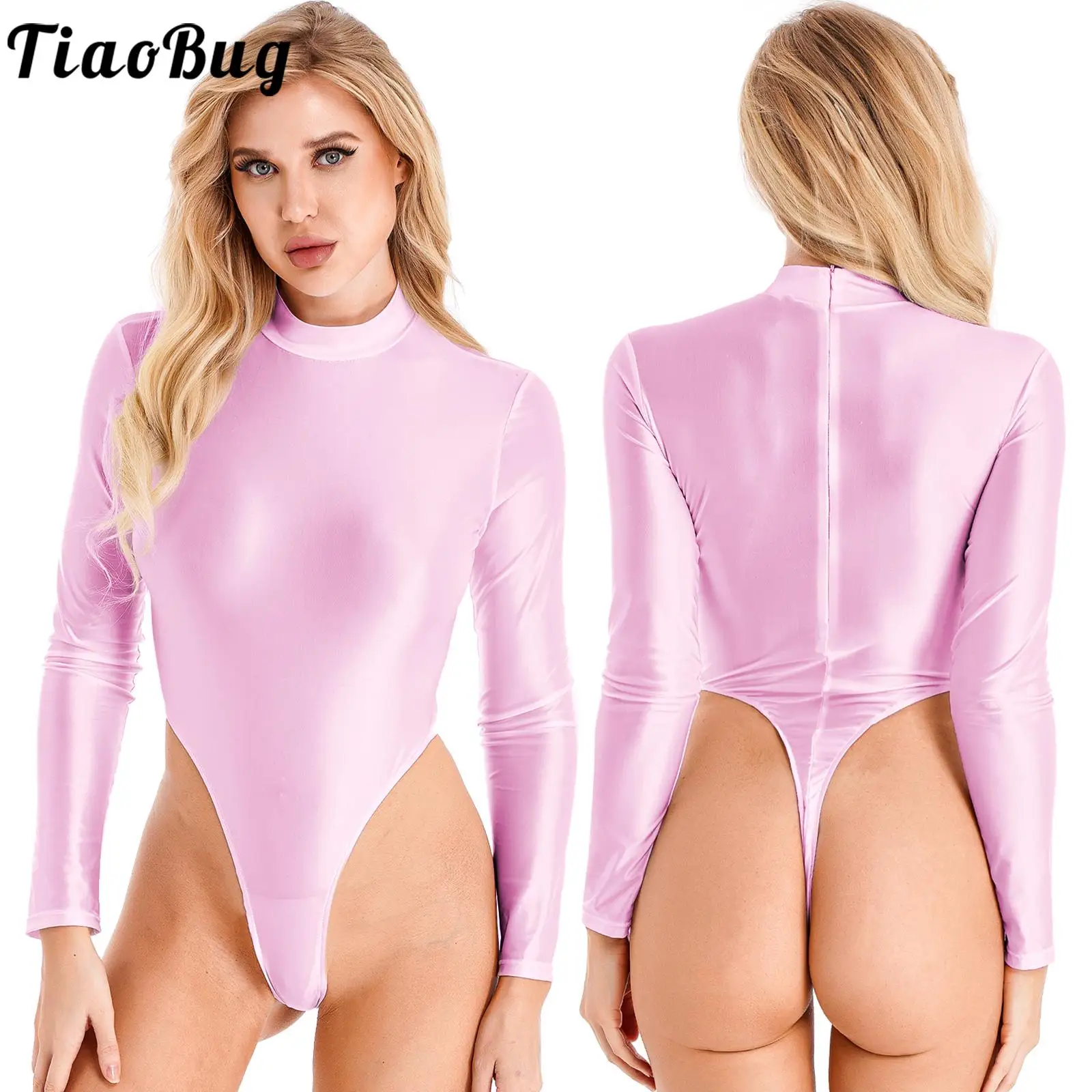 

Tiaobug Womens Glossy Long Sleeve One-Piece Swimsuit Leotards Mock Neck Back High Cut Bodysuits with Back Zipper Nylon Swimwears