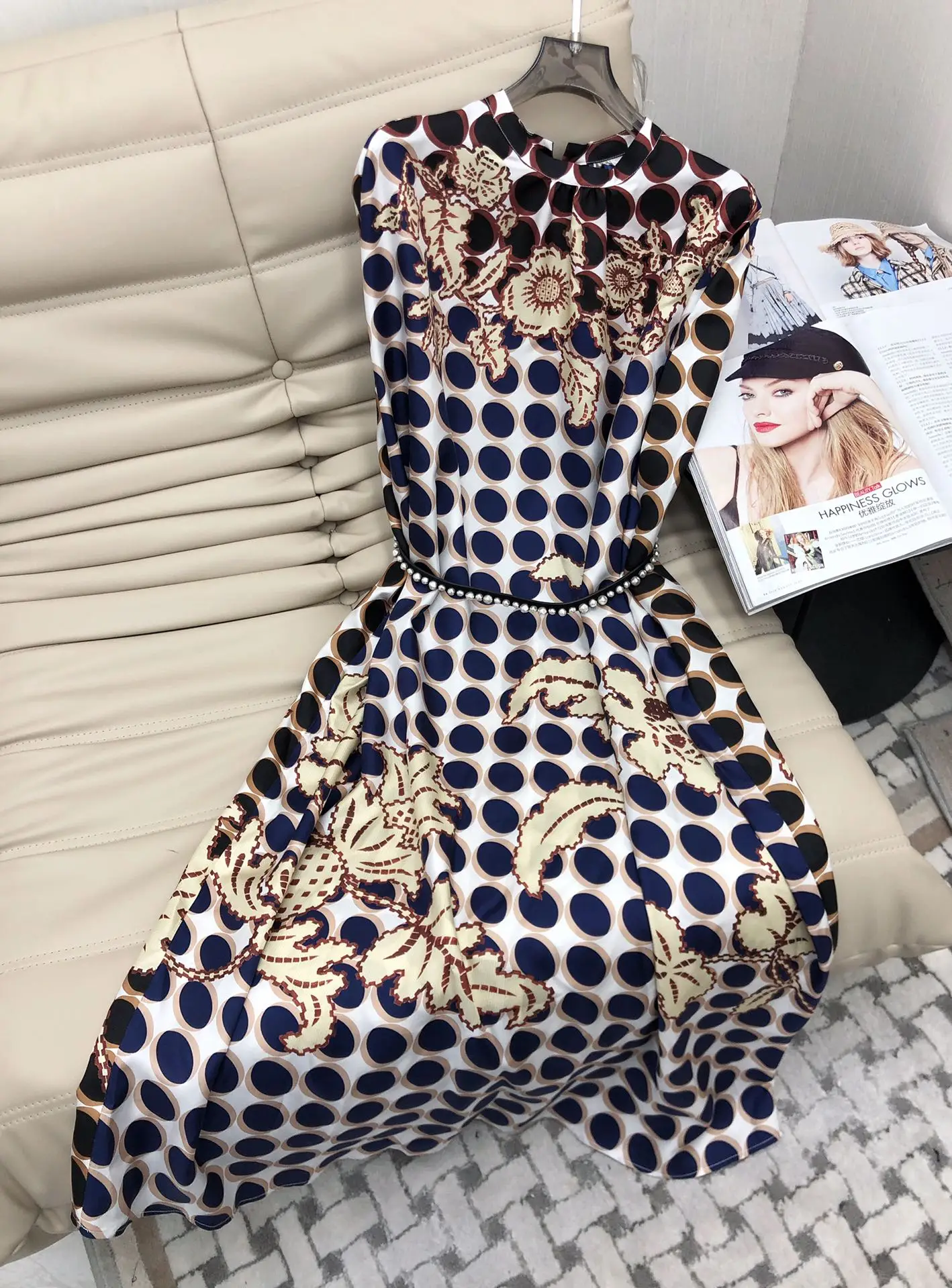 Elegant sweet Summer dots printed sleeveless silk Dress loose belt midi dresses