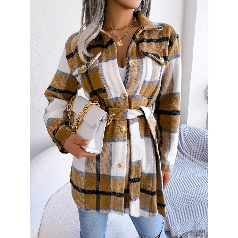 

Autumn Winter Leisure Contrast Plaid Long Sleeve Strap Thickened Woolen Coat Explosions Womens Clothing