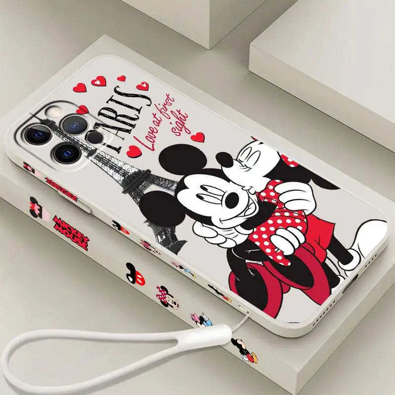 

London Luxury Mickey Minnie Phone Case For Apple iPhone 14 13 12 Mini 11 XS Pro Max X XR 8 7 Plus SE Liquid Left Rope Cover