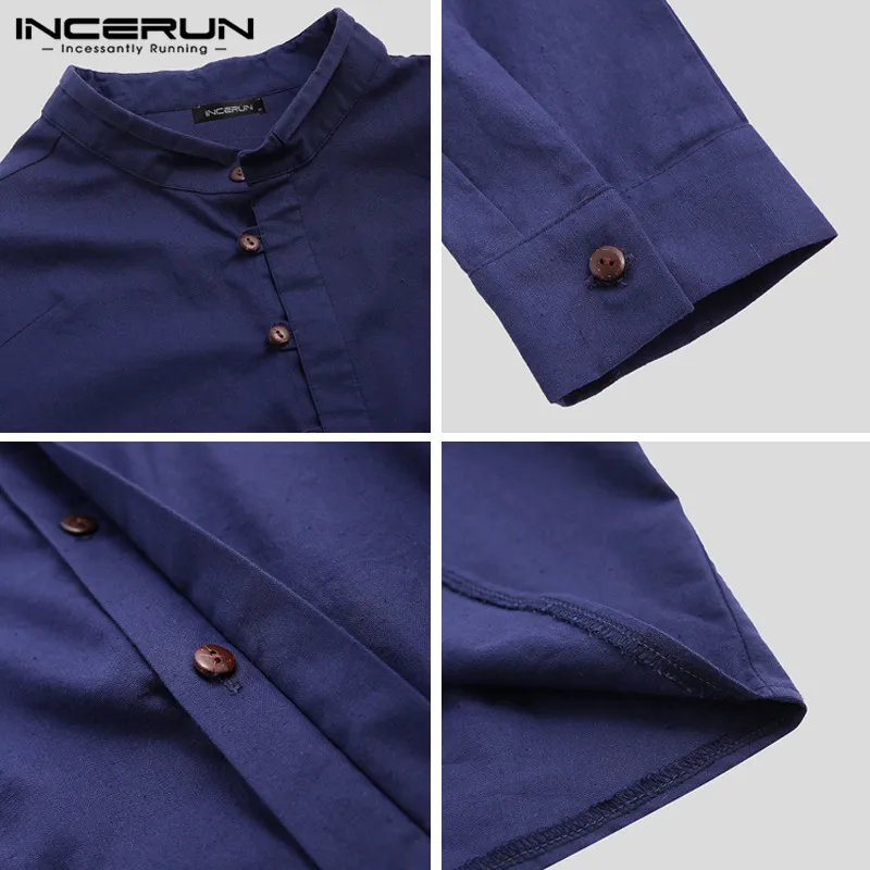 INCERUN Chinese Style Men's Casual Cotton Shirts Retro Stand Collar Male Solid Color Comfortable New Literary Loose Blouse S-5XL