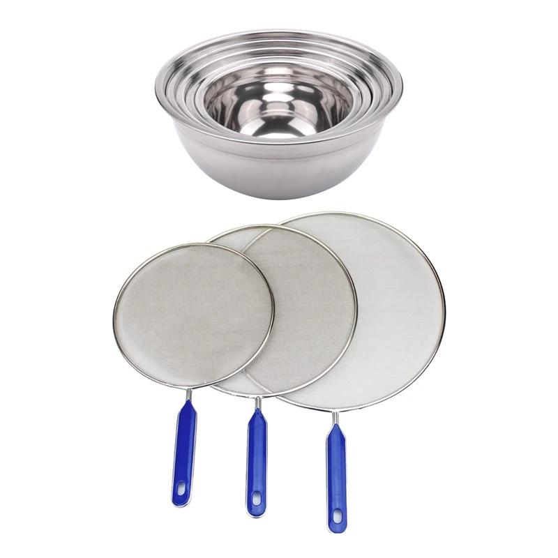 

5 Pcs Stainless Steel Salad Bowl With Lid Food Mixing Bowl & 3 Pcs Grease Splatter Screen Cooking,Stainless Steel Guard