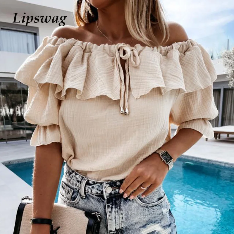 

Women Sexy Off Shoulder Ruffles Blouse Shirts Fashion Elegant Solid Color Lace-Up Tops Pullovers Lady Casual Loose Blusa 2XL