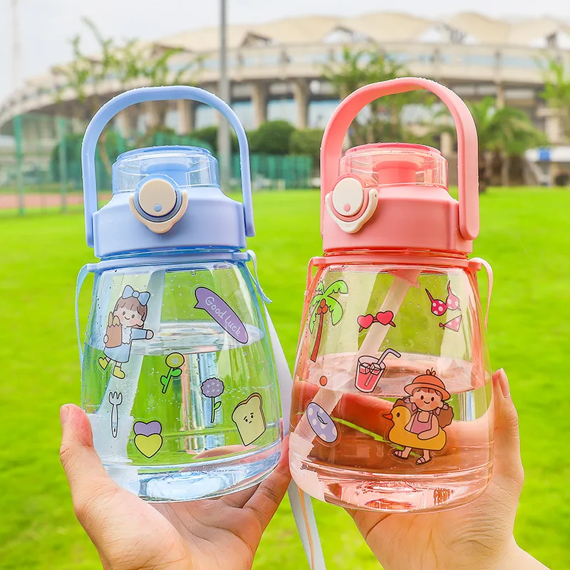 

Cartoon Cute Plastic Water Cup With Sippy Summer Large Capacity Cycling Sports Kids Girl Water Bottle With Straw Sticker Kettle