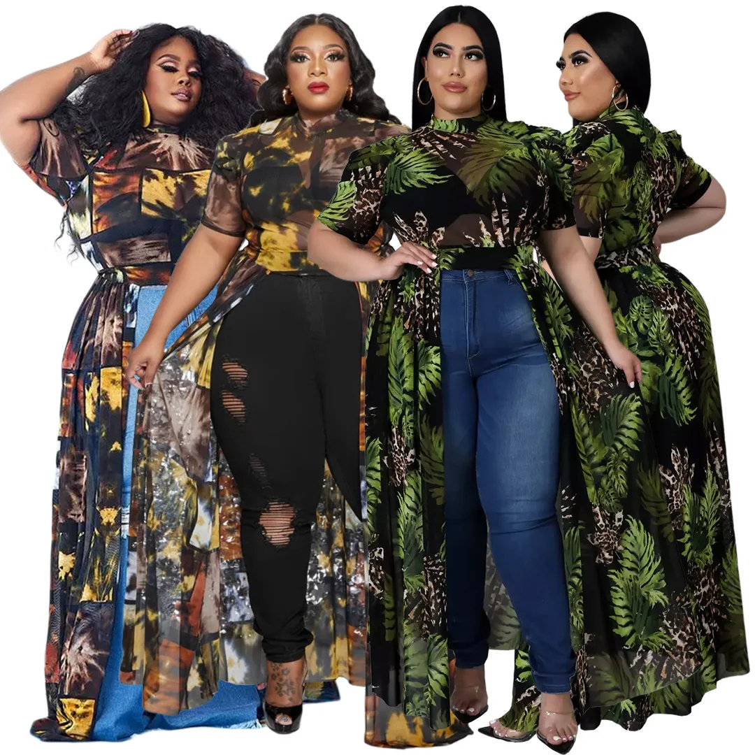 Plus size sheer mesh print long dress top short pleated sleeve fashion matching vestidos night party club female clothings 2022