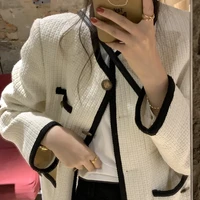 casual women tweed blazer vintage white office lady jacket coat single breasted spring autumn outerwear female chic tops