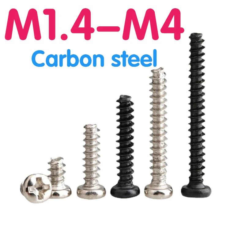 

20-200 Pieces M1.4 M1.7 M2 M2.3 M2.6 M3 M3.5 M4 Nickel Plated/Black Mini Cross Pan Head Flat Head And Tail Tapping Screws