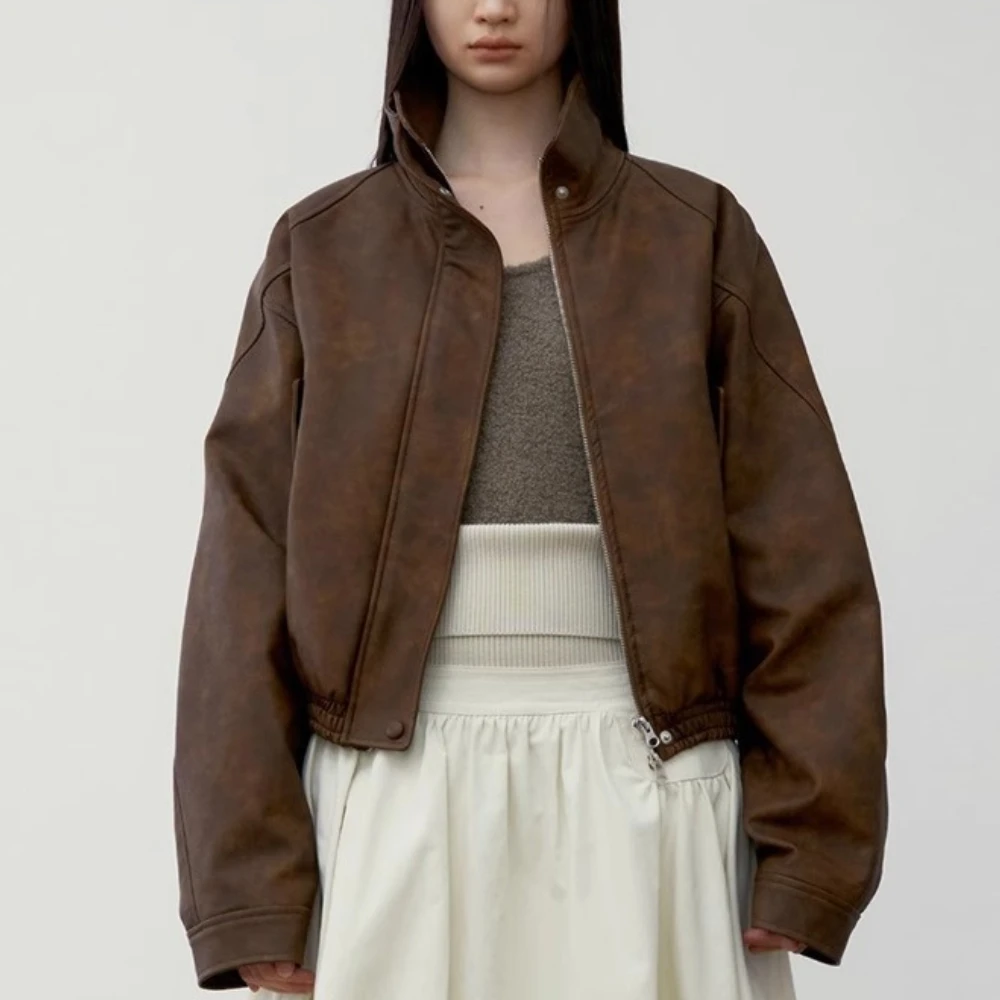 Women's L*W Leather Jacket Coat Autumn and Winter High Collar Arc Shoulder Sleeve Halo Dyeing Doing Old Short Tops