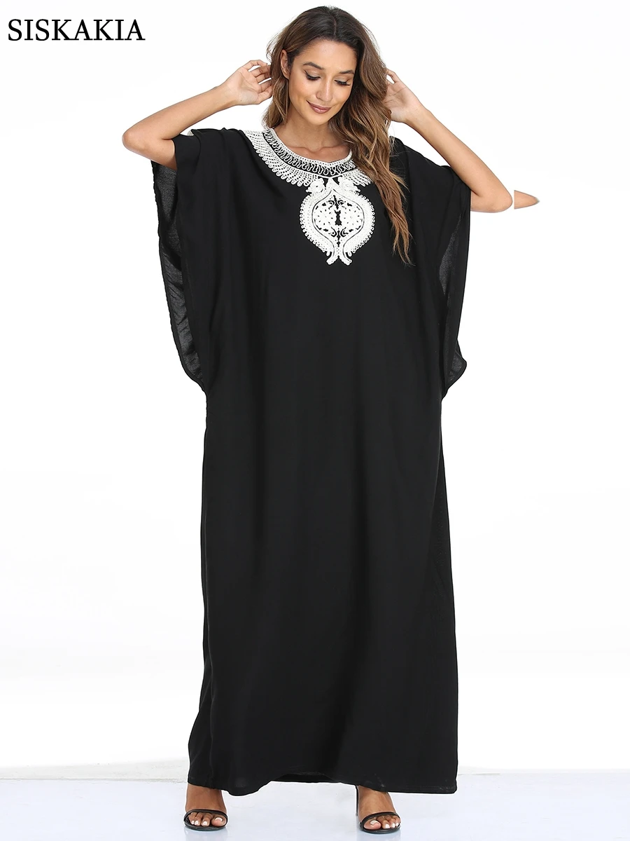 Длинное платье с рукавами «летучая мышь», с вышивкой, модное повседневное свободное летнее платье, марокканский кафтан, элегантный халат, б...