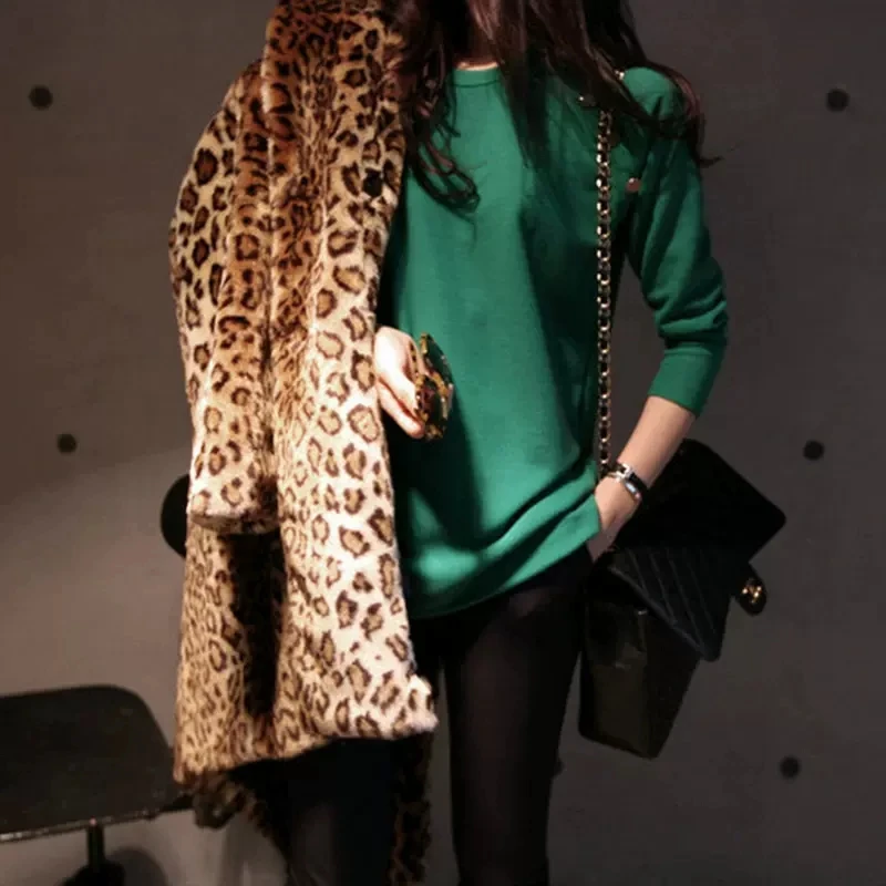 Autumn Winter Women Long Rabbit Fur Faux Fur Coat 2022 New Ladies Sexy Leopard Fashion Tops Casual Loose Parkas Famale Clothing