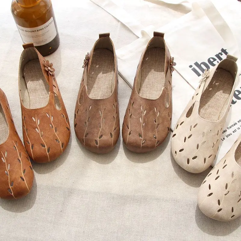 Casual Elegant Ladies Shoes 2023 Designer Hollow Ballet Flats Women's Soft Leather Loafers Woman Slip On Moccasins With Flower