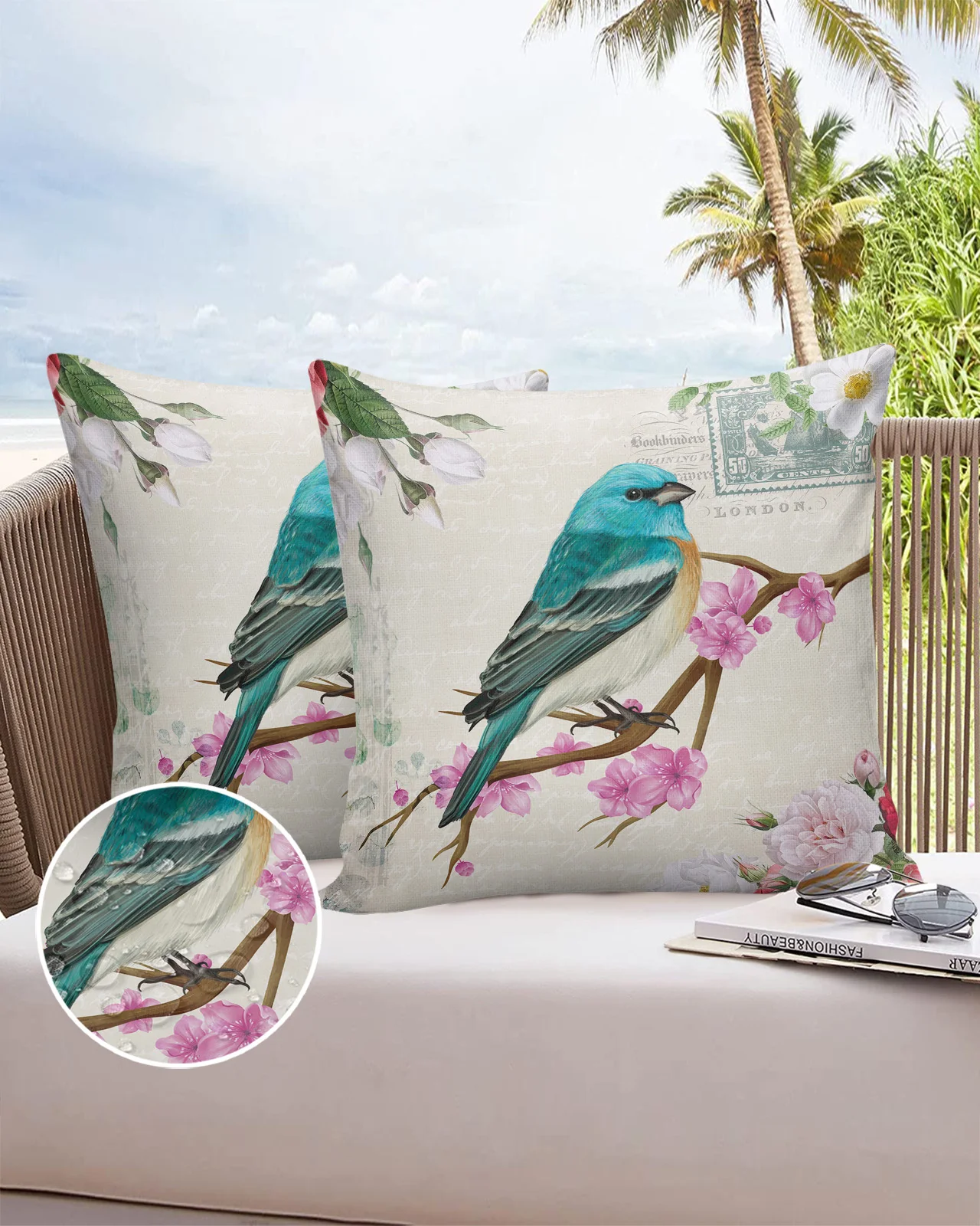 

2/4PCS Outdoor Garden Chair Waterproof Cushion Cover Vintage Flowers And Birds Home Decor 40/45/50/60/66cm Pillow Case