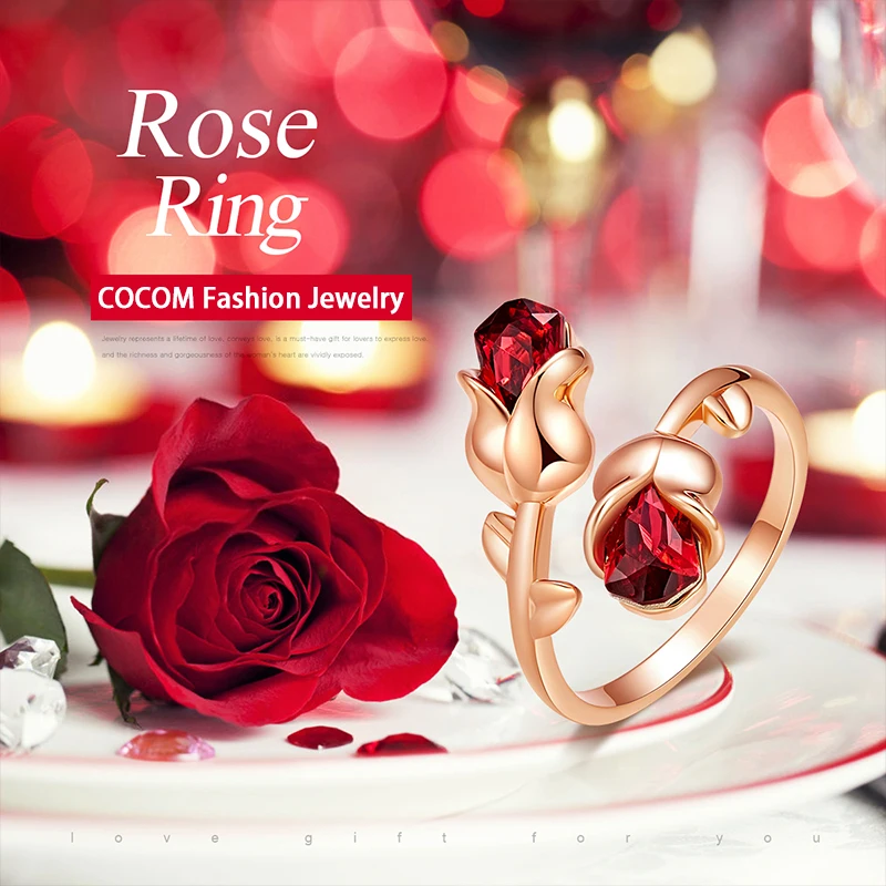 

Женское Открытое кольцо с красным кристаллом, регулируемое обручальное кольцо с цветком розы, свадебные аксессуары