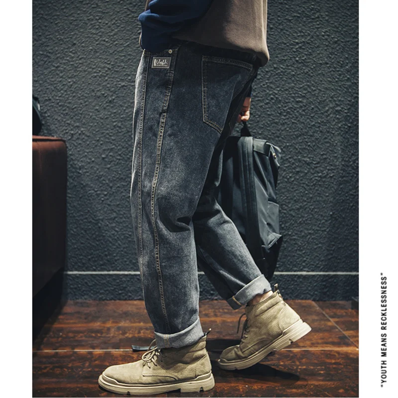 Men Clothing Autumn and Winter New Straight Loose Cylinder Jeans Vintage Splicing Comfortable Black Grey Harun Trousers Female