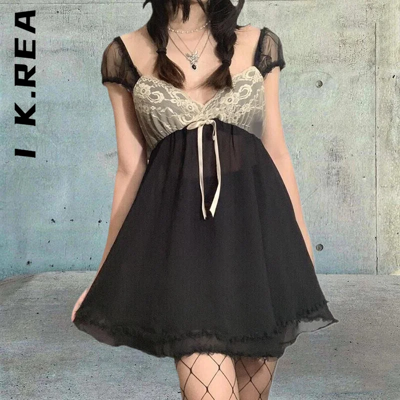 

I K.Rea Fashion Women Dress Patchwork Square Collar Dress Harajuku Robe Lace Cute Chiffon Dresses Basic Vestidos Woman Clothes