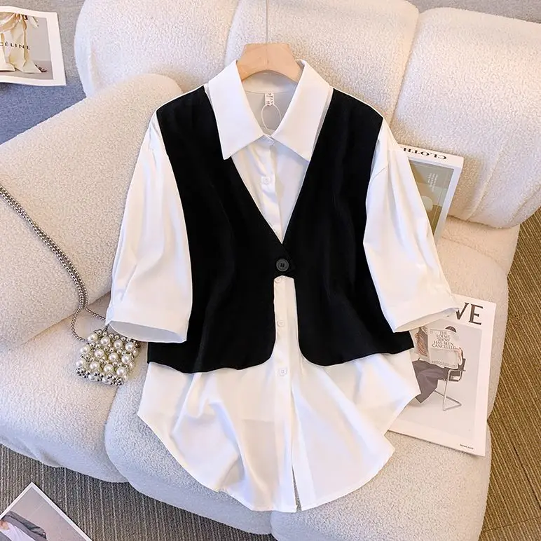 Short Sleeved Patchwork Chiffon Shirt Loose Wide Leg Shorts Two-piece Elegant Women's Shorts Set Summer Casual Outfits