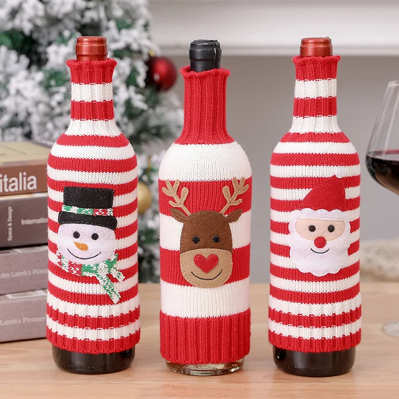 

New Wine Case Christmas Ornament Wool Acrylic Knitted Stripe Wine Bottle Cover Elk Snowman Red Wine Champagne Bottle Cover