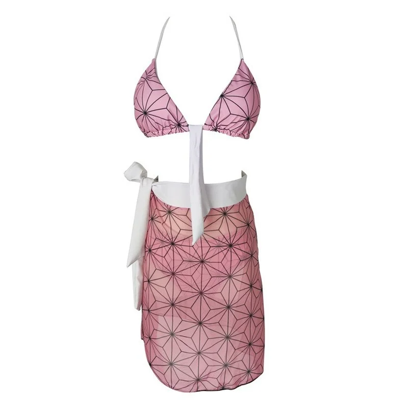

Demon Slayer Cosplay Swimsuit Kimetsu No Yaiba Kochou Shinobu Two Piece V Neck Bathing Bikini Swimsuit Sexy BikiniFree Sleeves