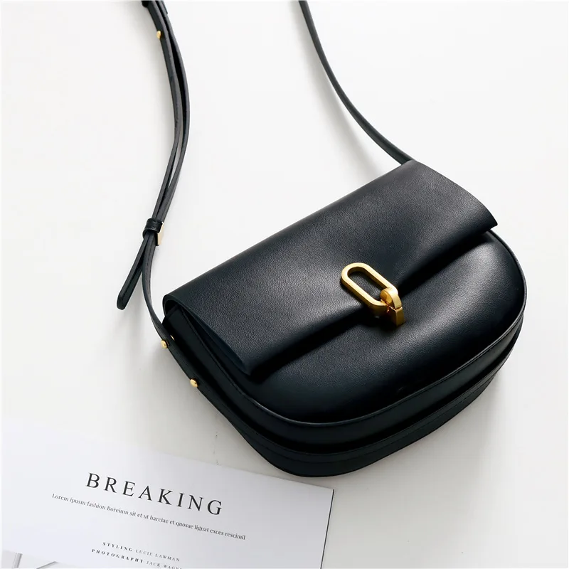 New Fashion Women's Bag Solid Color One Shoulder Crossbody Small Bag Fashion Genuine Leather Half Round Crossbody Saddle Bag