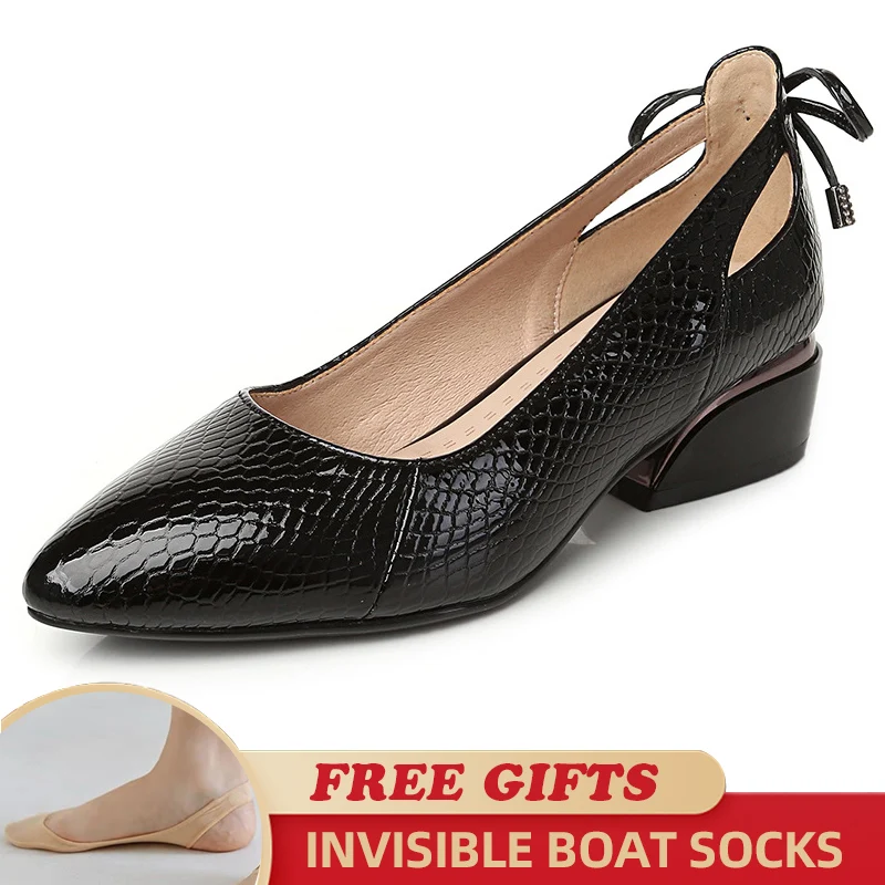 

2023 New Serpentine Design Women Pumps Concise Genuine Leather Pointed Toe Shoes Thick Heel Fashion Office Lady Shoes Summer