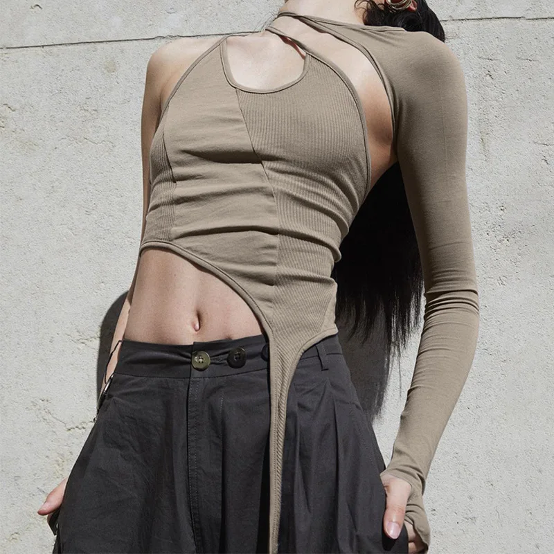 

LUXI 2022 Autumn Women Solid Slip Halter One Shoulder Asymmetric Hollow Out Black Cropped Tops Streetwear Sexy Club Tops Tshirts