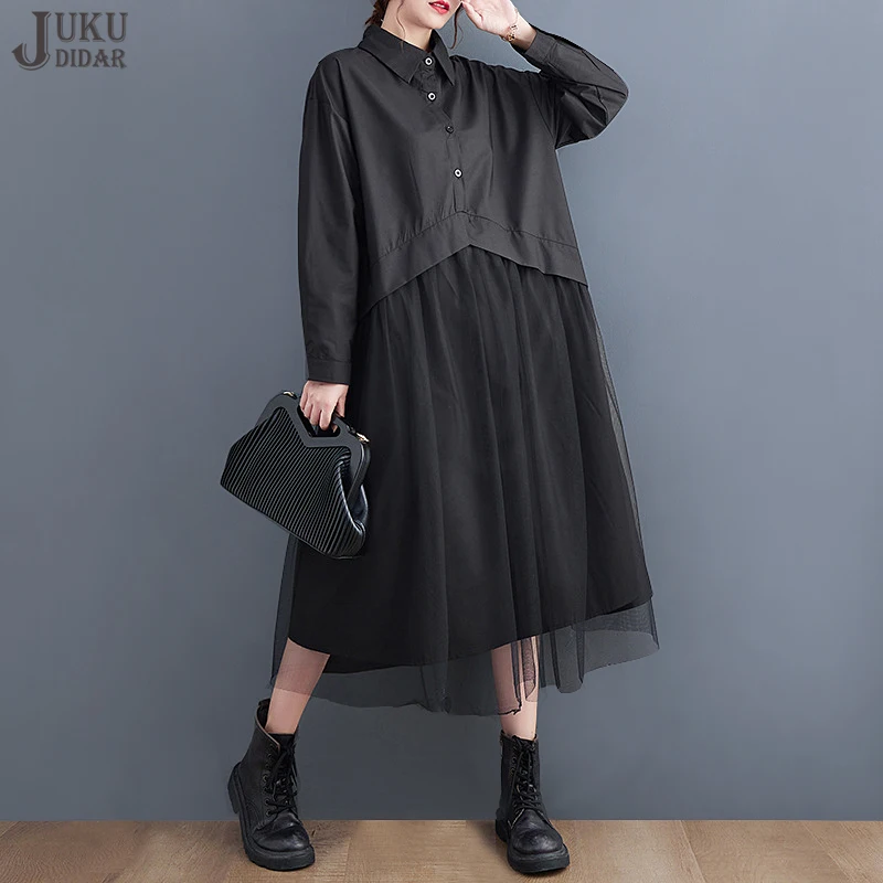 

Платье-рубашка JJXD242 женское с длинным рукавом, однотонное черное повседневное Сетчатое платье свободного кроя в японском стиле, большие размеры, на осень