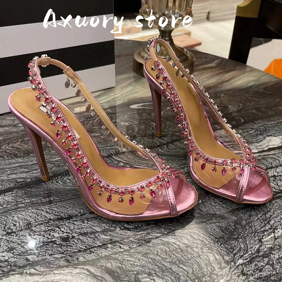 2023 New Women Stiletto Thin High Heels Crystal Pumps Sexy Peep Toe Wedding Bridals Shoes Glass Slipper