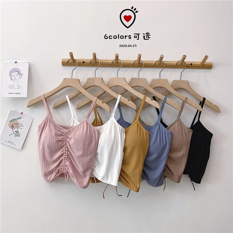 

Spaghetti Strap Tank Camis For Women Summer Casual Drawstring Corset Crop Tops Pleated V Neck Woman Tanks Camisoles Dropshipping