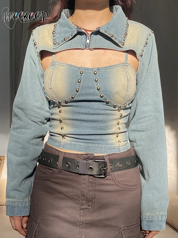

Weekeek Vintage Rivet Stitced Denim Jacket Casual Long Sleeve Loose Zip Up Super Short Cropped Jackets Women Punk Style Clothing