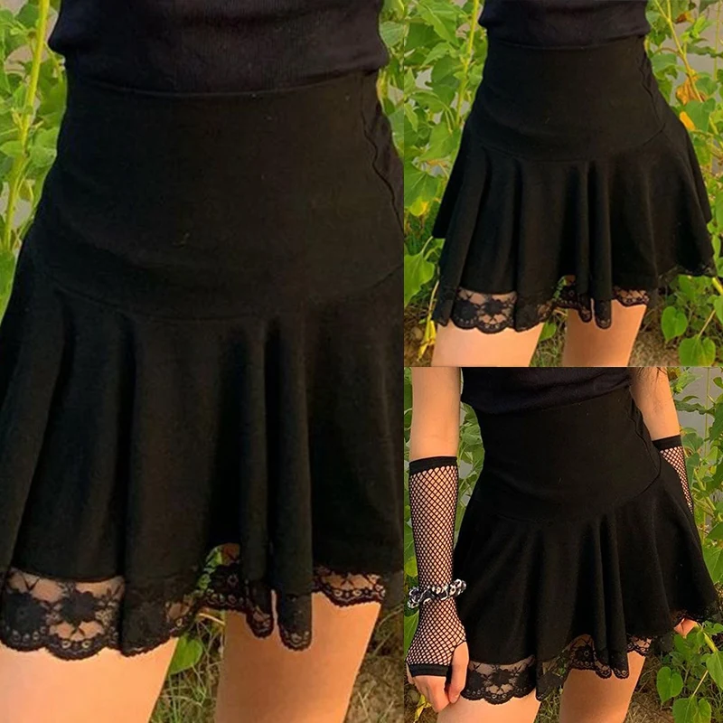 

NEW-Gothic Lace Patchwork Hem Mini Skirts Black Pleated High Waist A-Line Women Skirt Autumn Fashion Streetwear Outfits