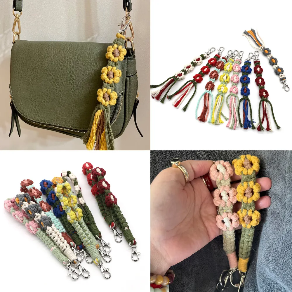 Charm Daisy Flower Macrame Wristlet Keychain Boho Bohemian Key Fob Strap Wrist Lanyard Bracelet Keyring Purse Backpack